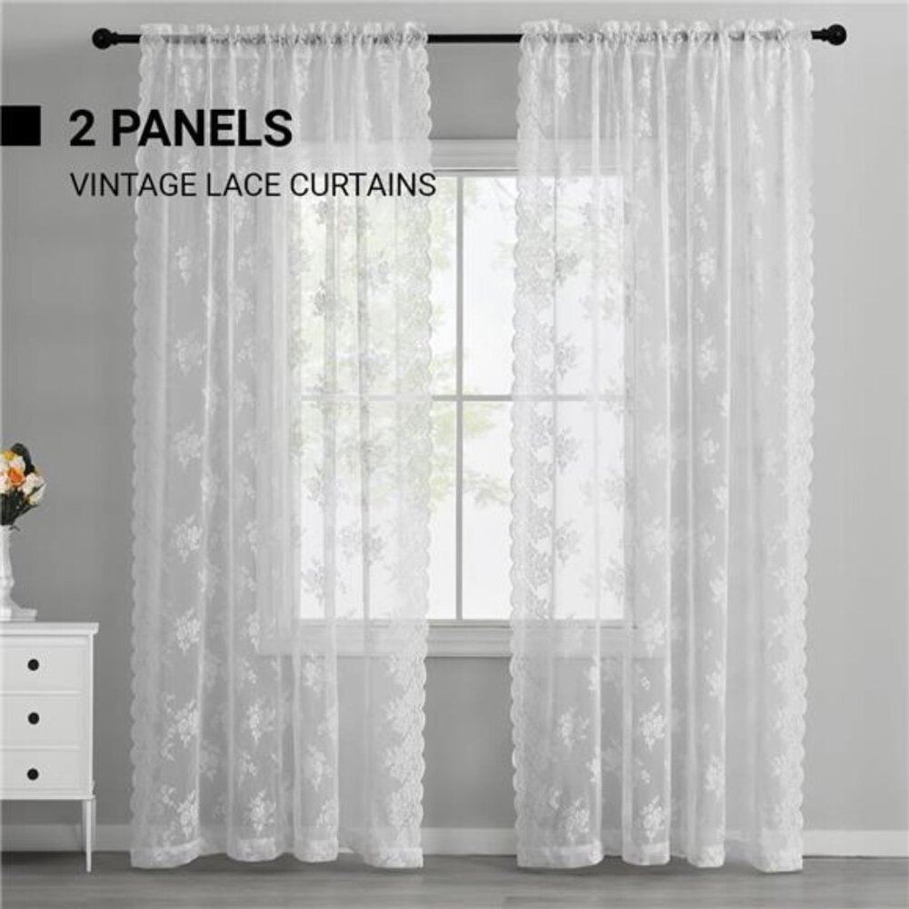 Lace Curtains 84 Inches Long - Floral Embroidery Country Lace Sheer Curtains - Picture 2 of 7